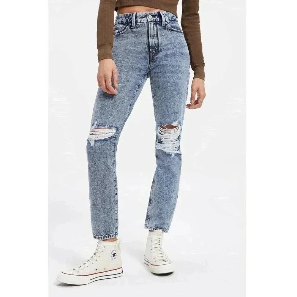 Good American Good Classic Distressed Jeans NEW Size 2 26 Indigo Stone Wash $169